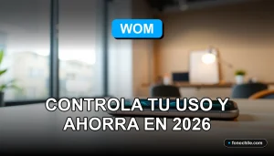 Una aplicación móvil de WOM mostrando gráficos abstractos de consumo de datos y minutos, sobre un fondo moderno.