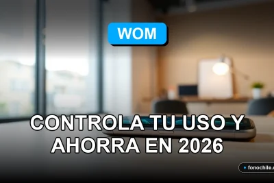 Una aplicación móvil de WOM mostrando gráficos abstractos de consumo de datos y minutos, sobre un fondo moderno.