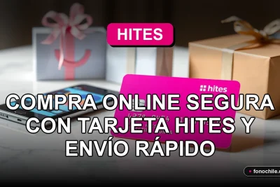 Una tarjeta de crédito Hites de color rosa sobre una mesa de mármol, con un teléfono inteligente mostrando gráficos abstractos de colores y paquetes de compras en línea.