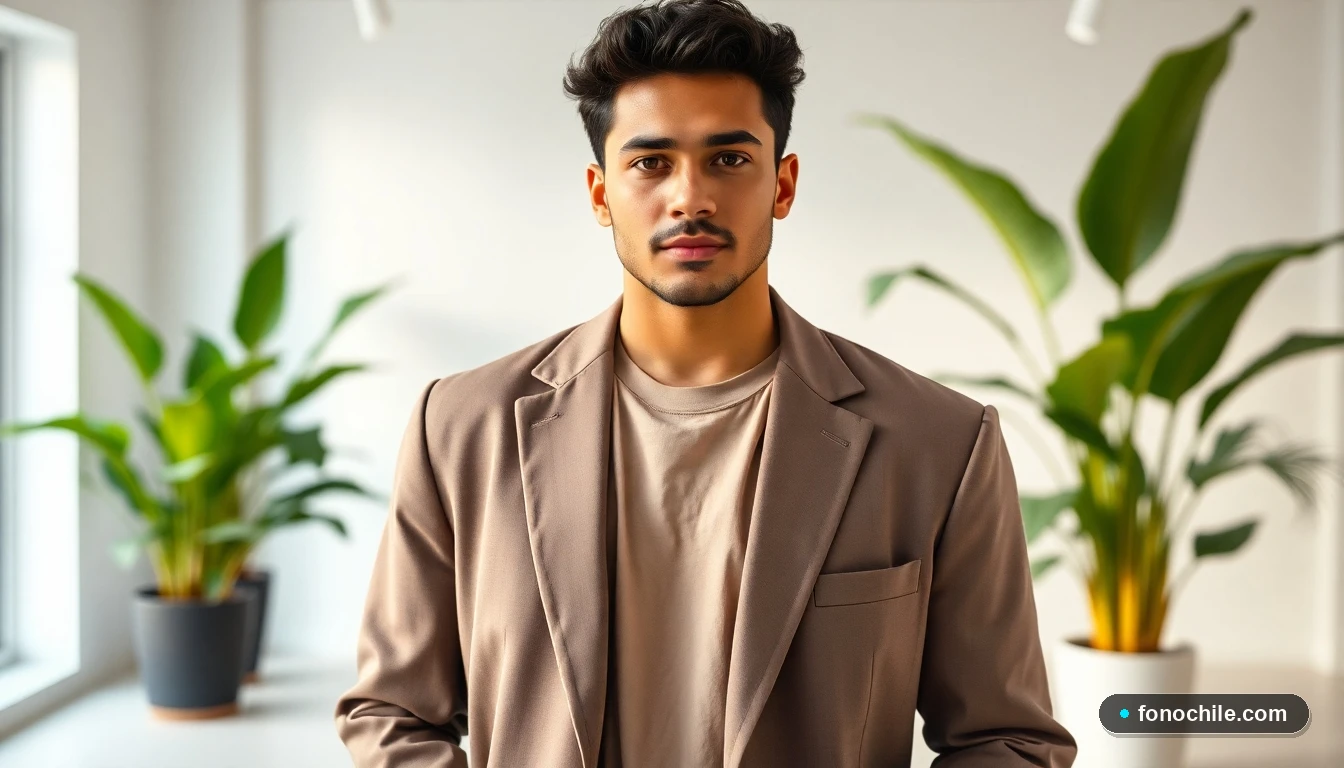 Un hombre latino con estilo, luciendo un conjunto moderno de blazer y camiseta de la colección de tendencias 2026 de H&M, en un estudio luminoso con plantas.