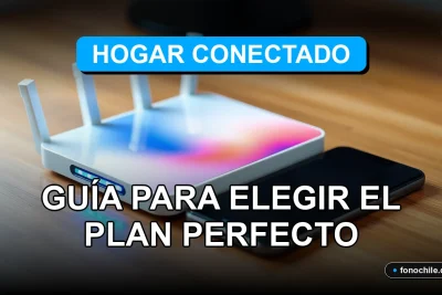 Un router WiFi moderno y un teléfono inteligente sobre una mesa de madera, mostrando gráficos abstractos de colores en sus pantallas, representando un plan de internet para el hogar conectado en Chile.