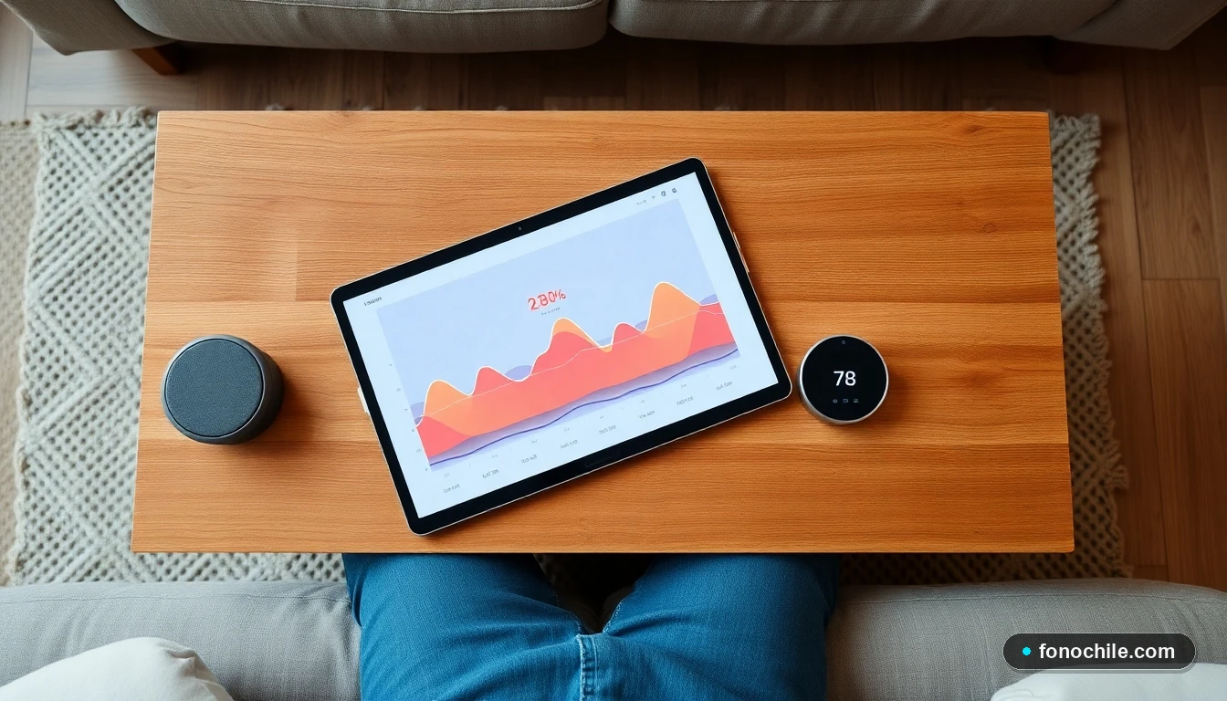 Vista superior de un setup de hogar conectado moderno en Chile con dispositivos inteligentes y una tablet mostrando gráficos de rendimiento de red.