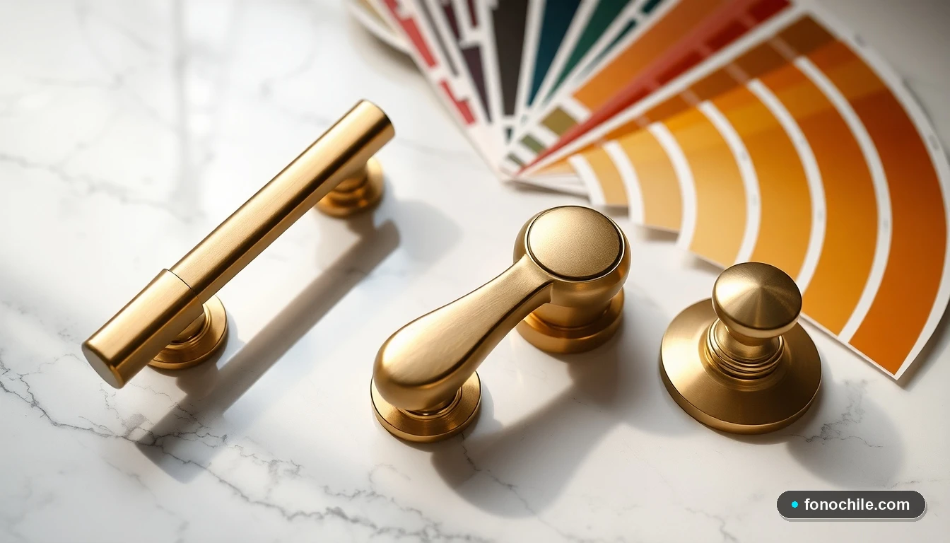 Detalle de herrajes de puerta y tiradores de cocina de alta calidad sobre mármol, junto a una carta de colores.