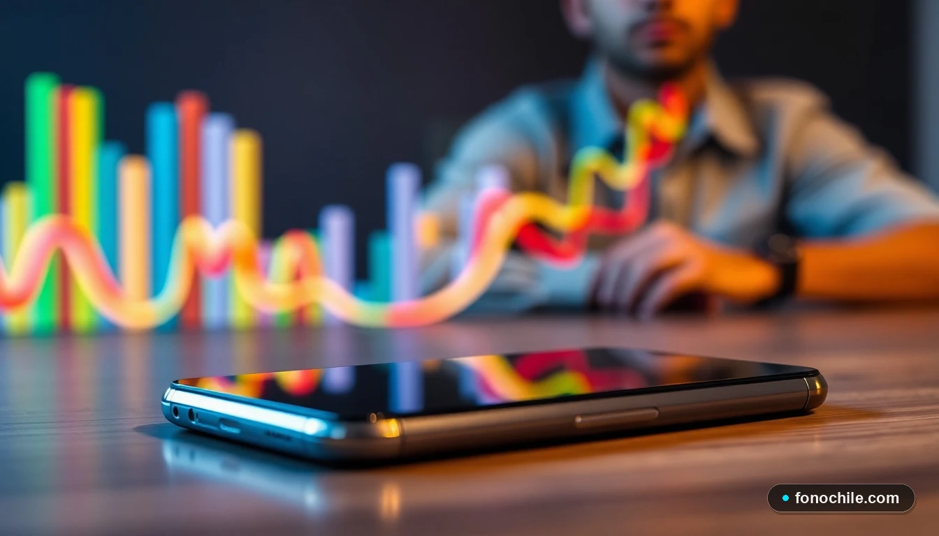 Smartphone sobre mesa con gráfico abstracto de colores representando proceso de homologación técnica en Chile.