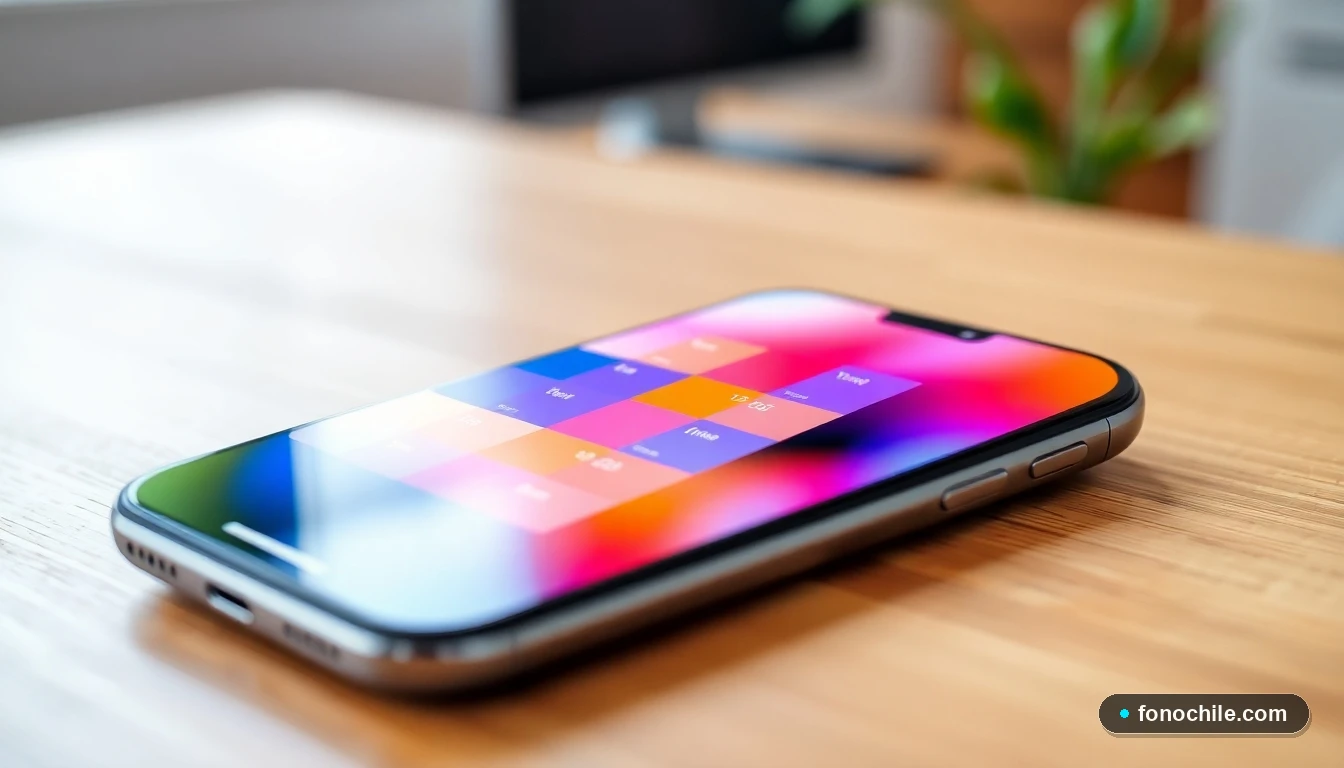 Smartphone mostrando un calendario semanal abstracto y colorido para gestionar horarios, sobre un escritorio de madera.