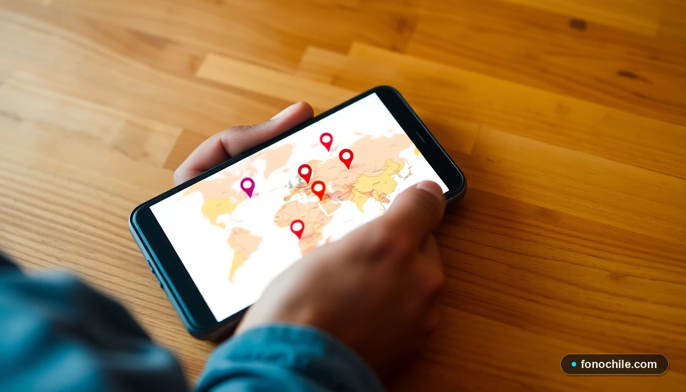 Hombre consultando horarios de comisarías en su teléfono móvil sobre una mesa.