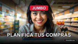Una mujer latina sonríe amablemente mientras consulta su teléfono inteligente, con un fondo moderno y desenfocado de un supermercado.