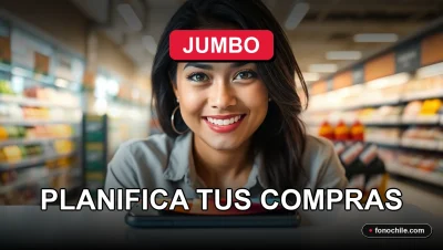 Una mujer latina sonríe amablemente mientras consulta su teléfono inteligente, con un fondo moderno y desenfocado de un supermercado.