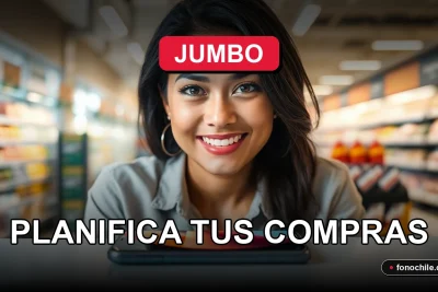 Una mujer latina sonríe amablemente mientras consulta su teléfono inteligente, con un fondo moderno y desenfocado de un supermercado.