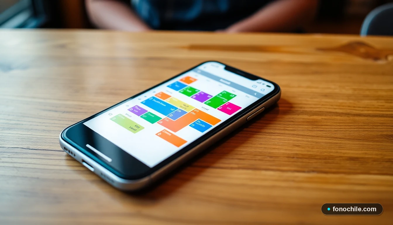 Calendario semanal abstracto y colorido en un teléfono, representando horarios de supermercado.