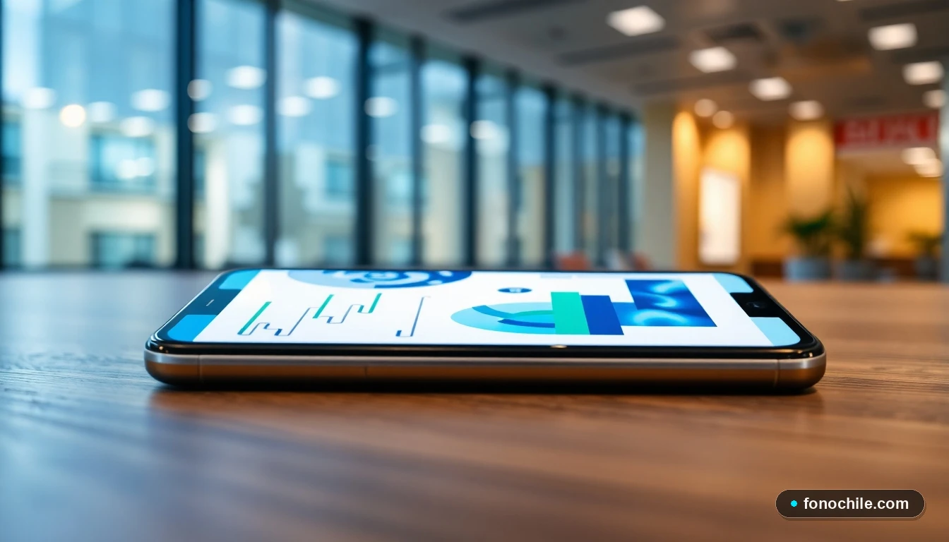 Smartphone mostrando gráficos de datos junto a la fachada moderna del Hospital San Juan De Dios en Chile.