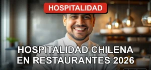 Un chef chileno sonriente en un restaurante moderno, representando la calidez y hospitalidad de la gastronomía chilena.
