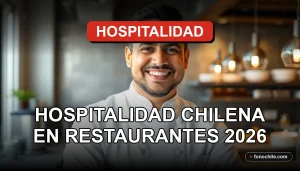 Un chef chileno sonriente en un restaurante moderno, representando la calidez y hospitalidad de la gastronomía chilena.