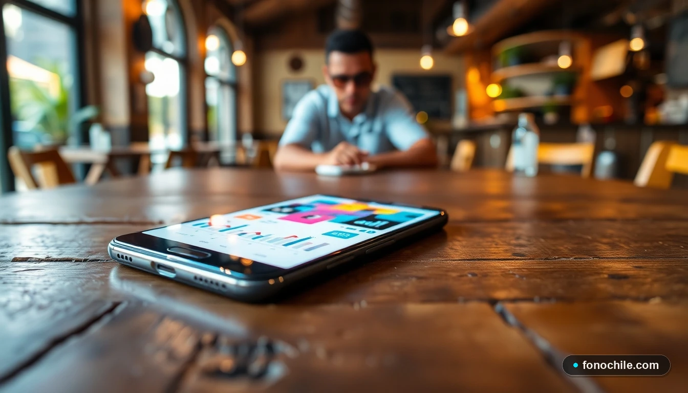 Smartphone mostrando análisis de experiencia de usuario en un restaurante con ambiente chileno cálido y acogedor.