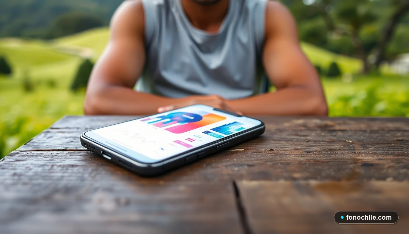 Smartphone mostrando datos de conectividad en un entorno natural de Olmué, con cerros verdes al fondo.
