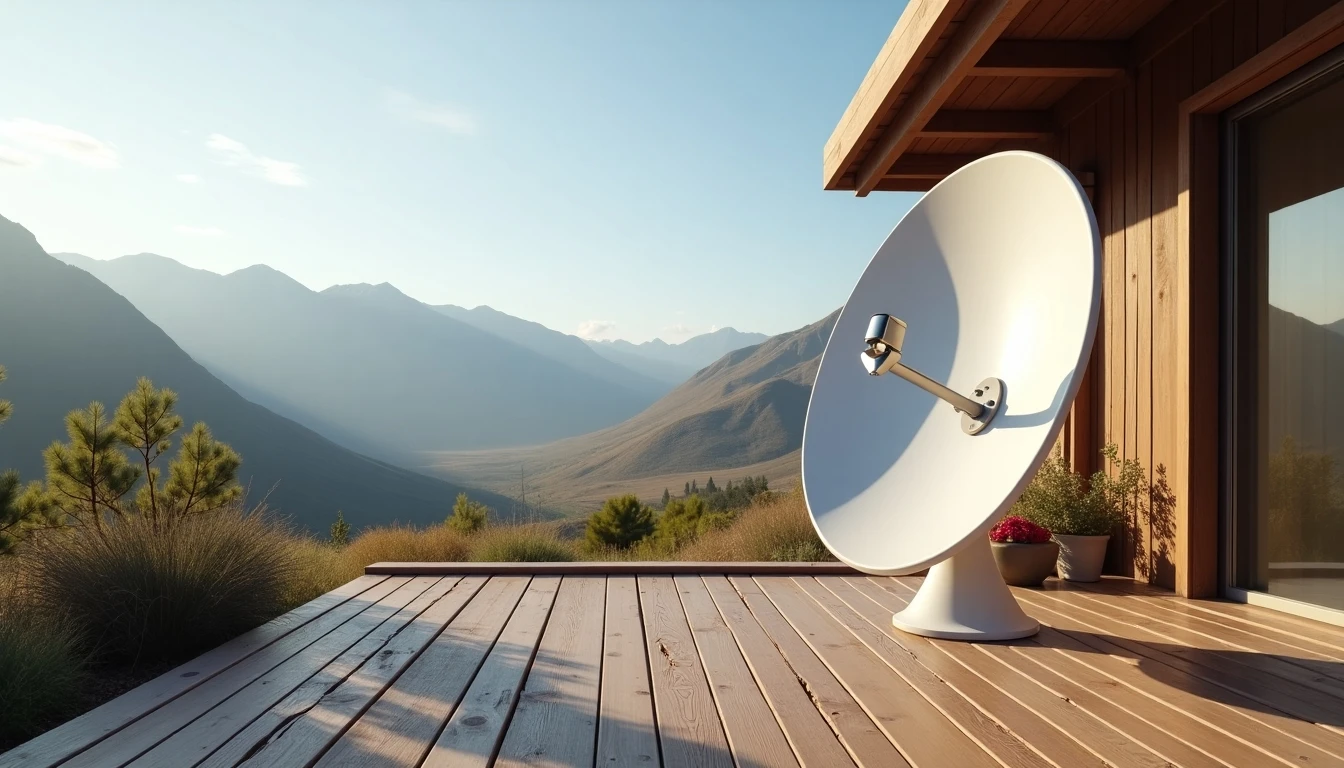 Antena satelital HughesNet instalada en una casa rural de Chile con vista a la cordillera.