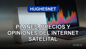 HughesNet satélite en Chile 2026, router moderno sobre mesa con gráficos abstractos en pantalla.