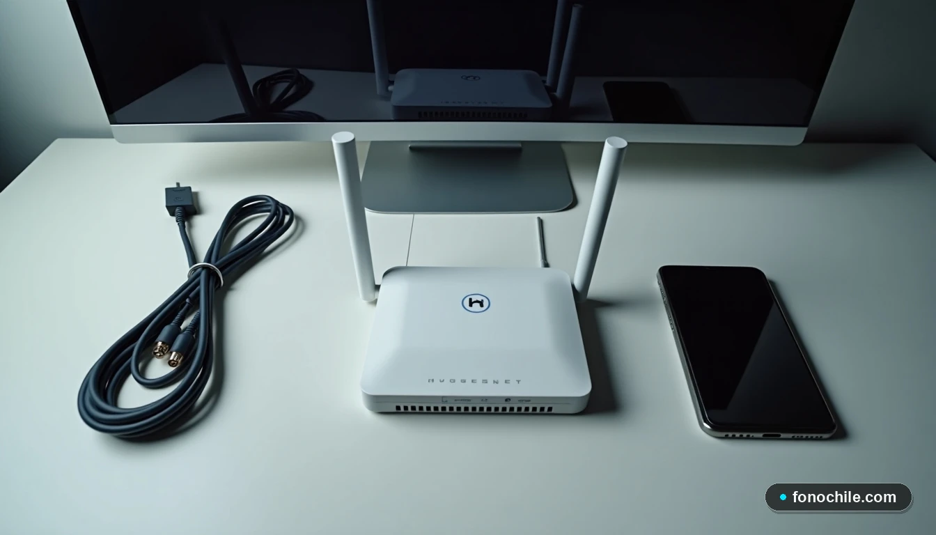 Kit de instalación HughesNet para internet satelital, componentes ordenados sobre una mesa.