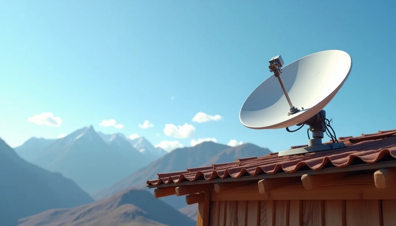 Antena satelital HughesNet instalada en techo de cabaña en zona rural de Chile con montañas al fondo