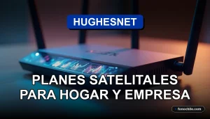 Un router satelital moderno de HughesNet sobre una mesa de madera clara, con gráficos abstractos de conexión en su pantalla LED.