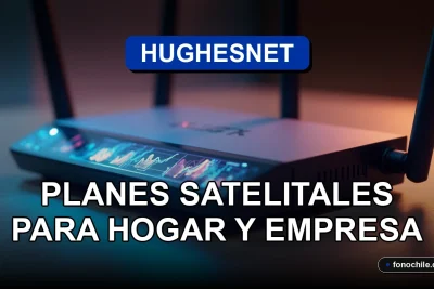 Un router satelital moderno de HughesNet sobre una mesa de madera clara, con gráficos abstractos de conexión en su pantalla LED.