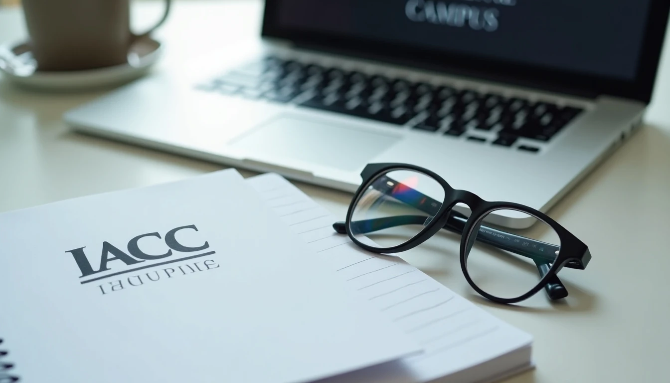 Escritorio moderno con acceso al campus virtual del Instituto IACC para educación a distancia.