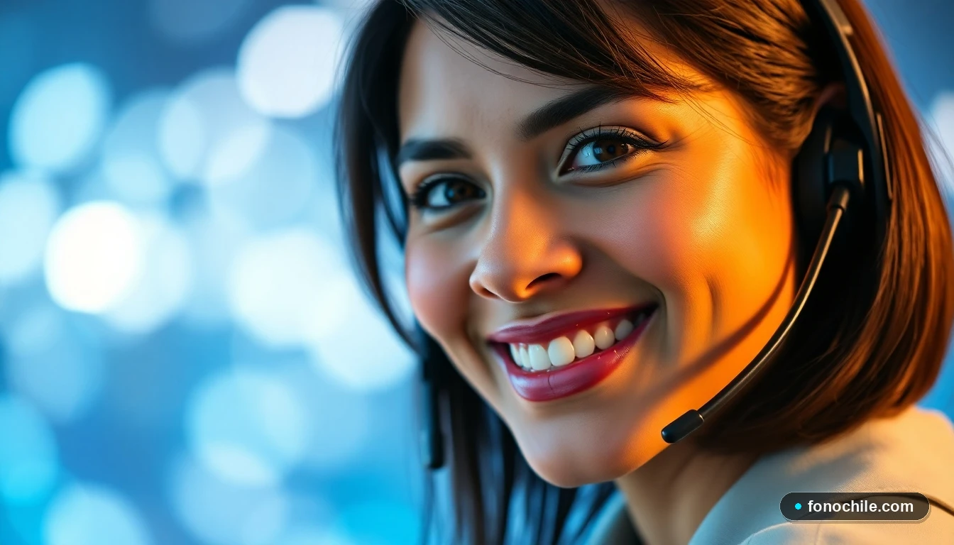 Primer plano de una agente de servicio al cliente sonriendo, con auriculares profesionales, representando la atención y soporte de la compañía.