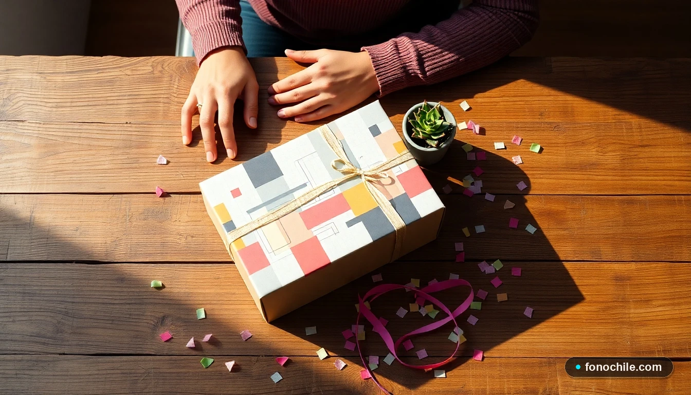 Composición plana de una caja de regalo decorada con gráficos de colores abstractos, junto a confeti y una suculenta, sobre una mesa de madera.