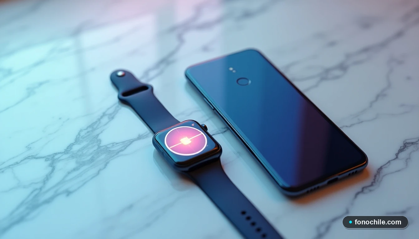 Dispositivos inteligentes modernos en una mesa, mostrando interfaces genéricas para la gestión de llamadas y notificaciones.