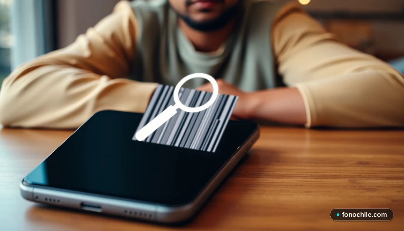 Smartphone mostrando un icono de lupa sobre un código de barras abstracto para representar la consulta de un IMEI bloqueado.