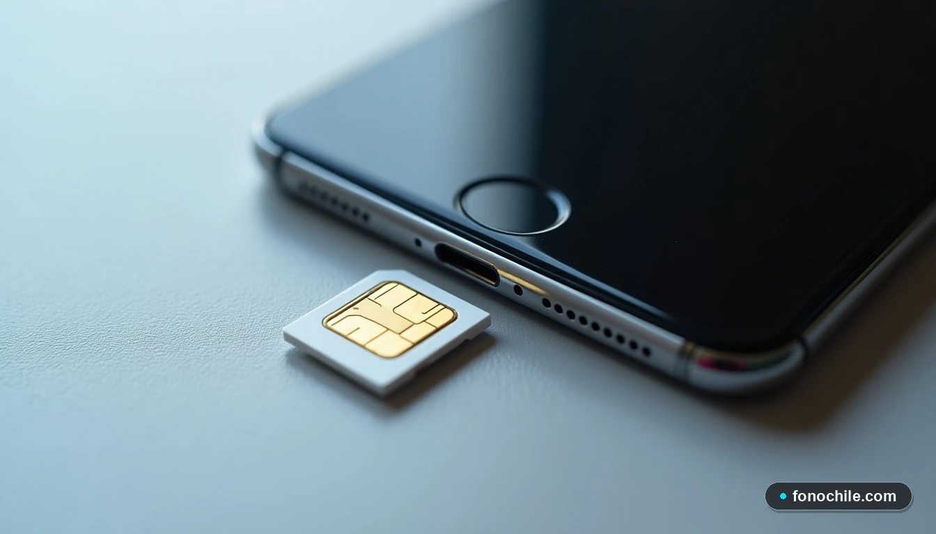 Detalle de un teléfono inteligente y su bandeja para tarjeta SIM, concepto de seguridad e identificación del dispositivo IMEI para clientes de Entel.