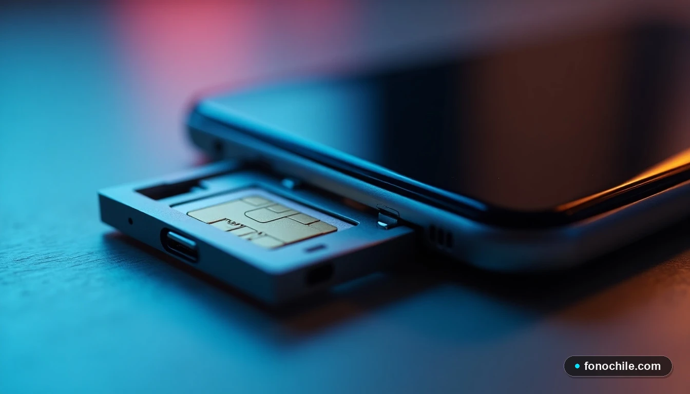 Detalle macro de la ranura para tarjeta SIM en un teléfono inteligente moderno.