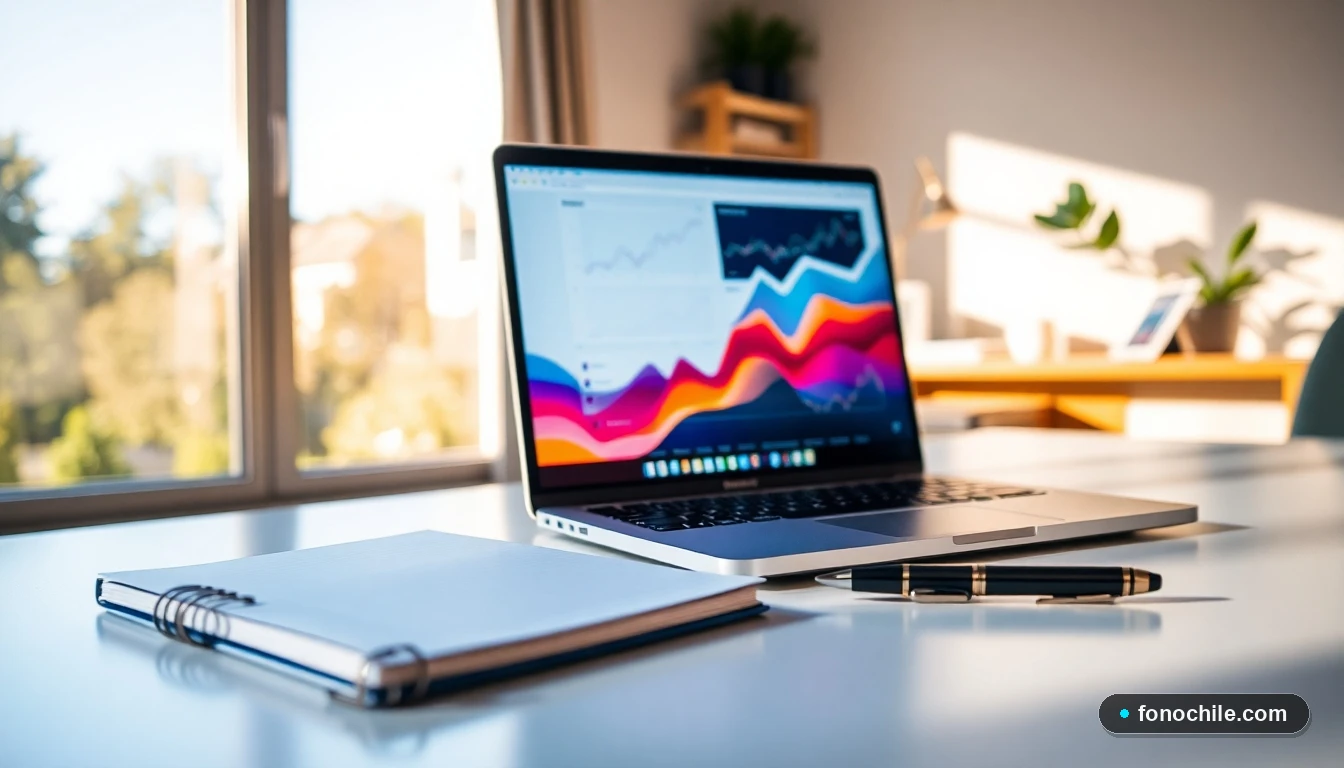 Un primer plano de una laptop moderna mostrando gráficos de datos, en un escritorio de estudio minimalista.