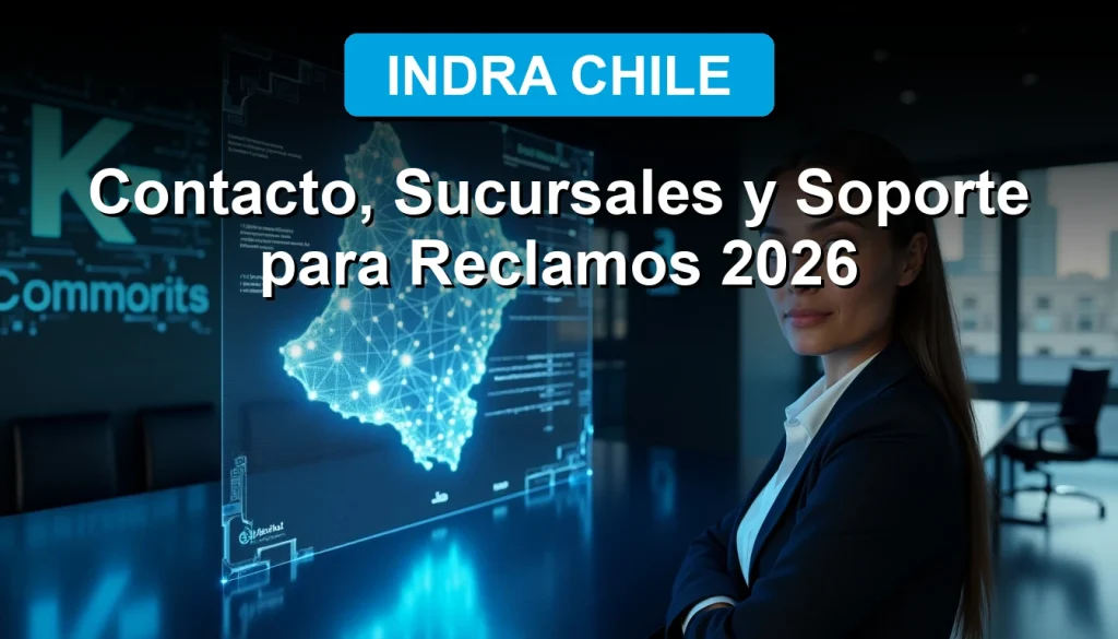 Una mujer profesional latina revisa datos en una pantalla holográfica interactiva de Indra Chile, representando soporte tecnológico avanzado y confiable.