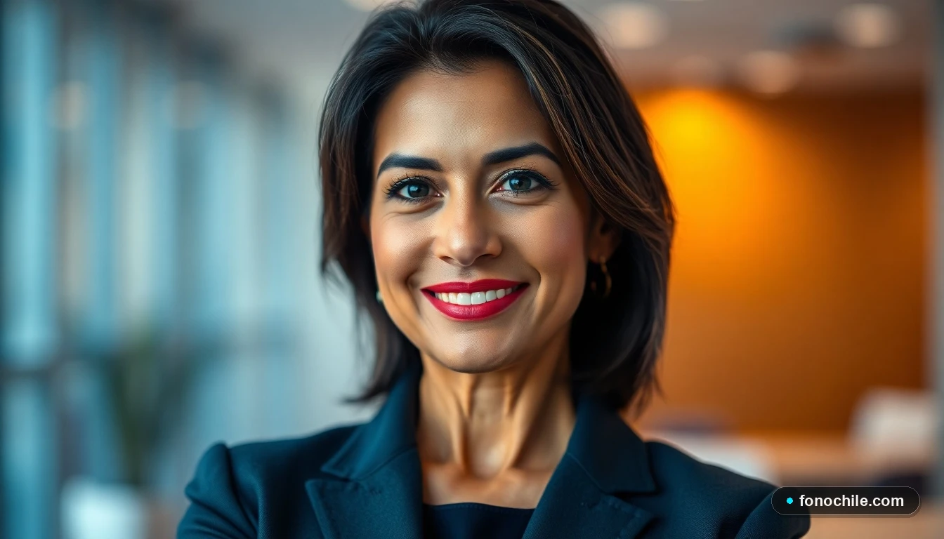 Primer plano de una representante de atención al cliente de Indra Chile, mostrando profesionalismo y disposición para ayudar.