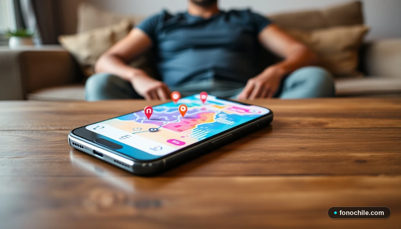 Smartphone mostrando mapa con ubicación del Estadio Nacional de Chile y datos de contacto en una pantalla colorida.