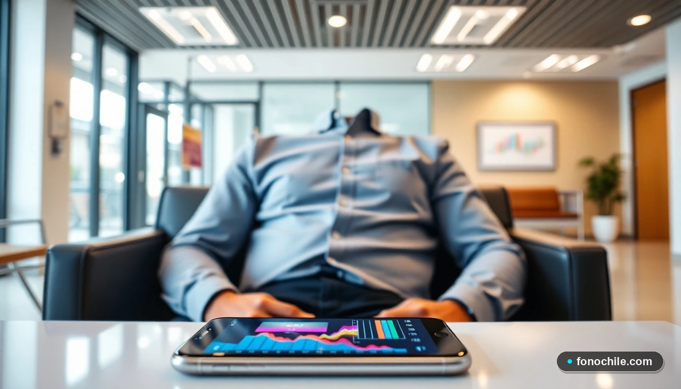 Hombre esperando en la moderna sala de espera de un centro de vacunación en Santiago, con gráficos de colores en un teléfono.