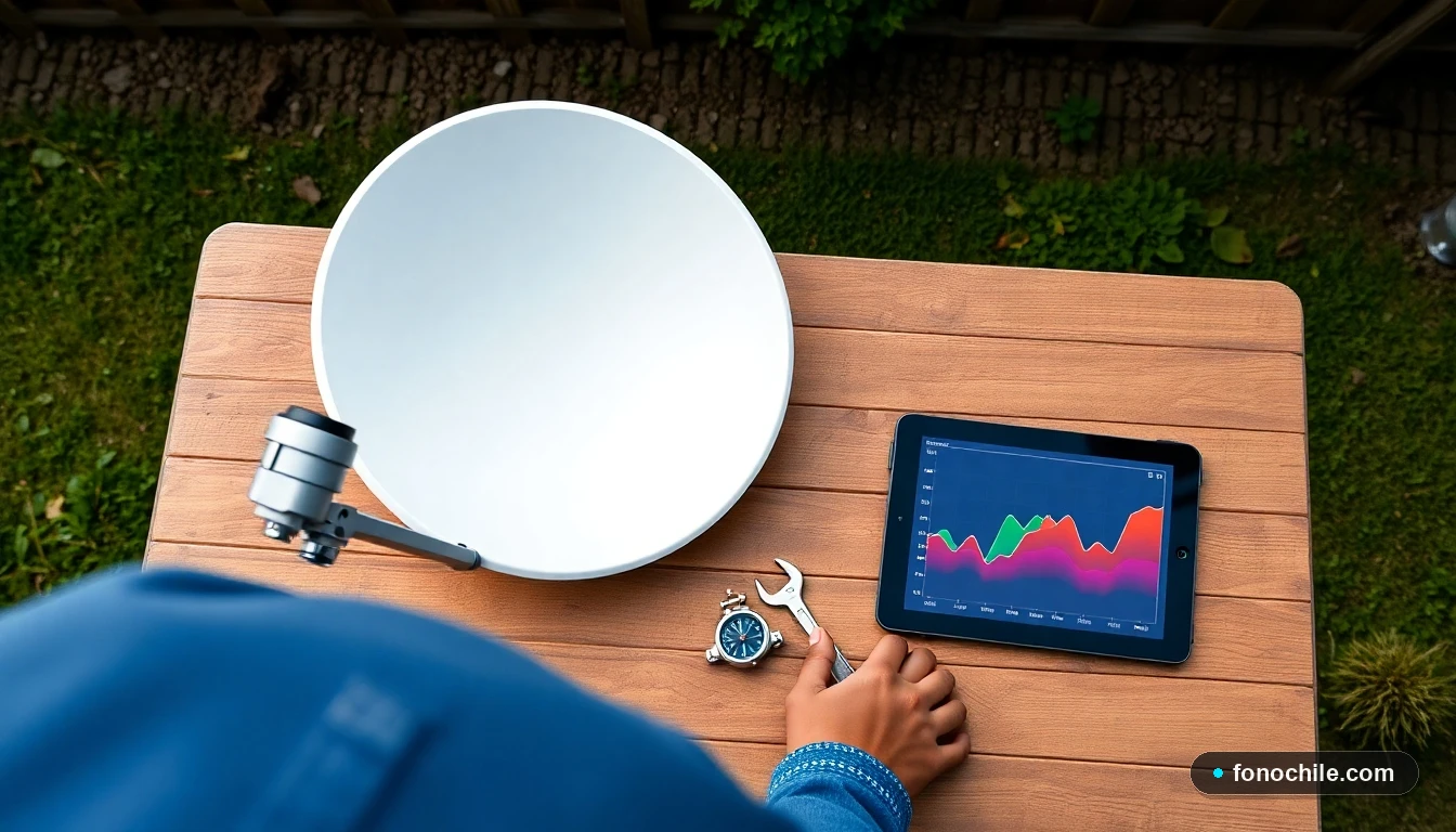 Antena parabólica sobre mesa de madera con herramientas y tablet mostrando gráficos de intensidad de señal satelital.
