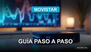 Decodificador de Movistar en una mesa de madera moderna, mostrando gráficos abstractos en una pantalla de televisor.
