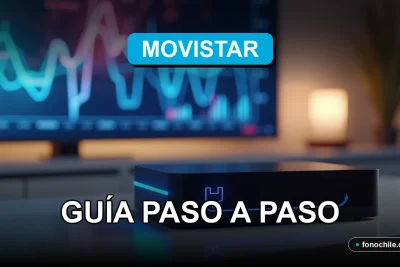 Decodificador de Movistar en una mesa de madera moderna, mostrando gráficos abstractos en una pantalla de televisor.