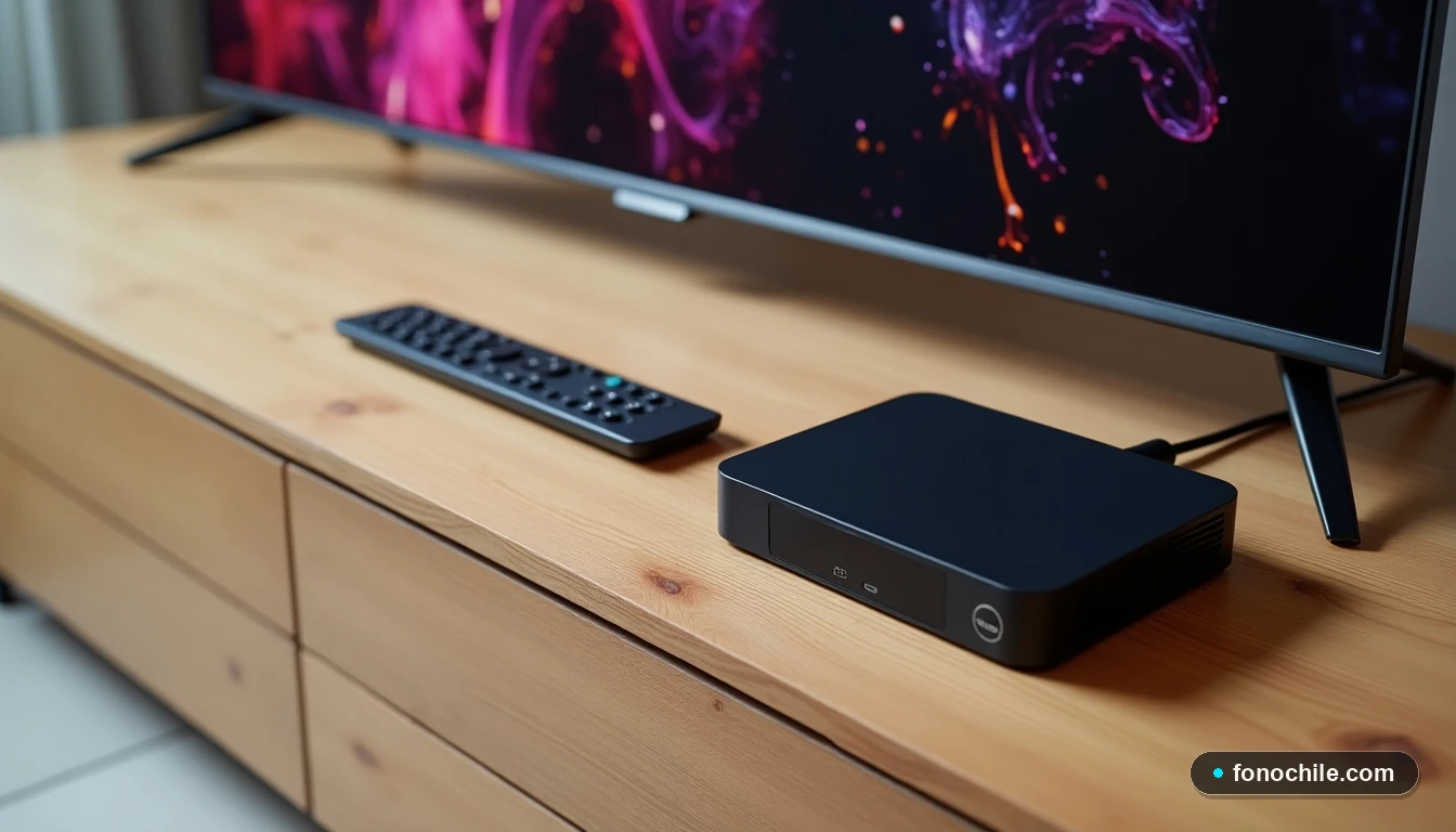 Vista superior plana del decodificador Movistar, su control remoto y cable HDMI, organizados sobre una mesa de madera clara.