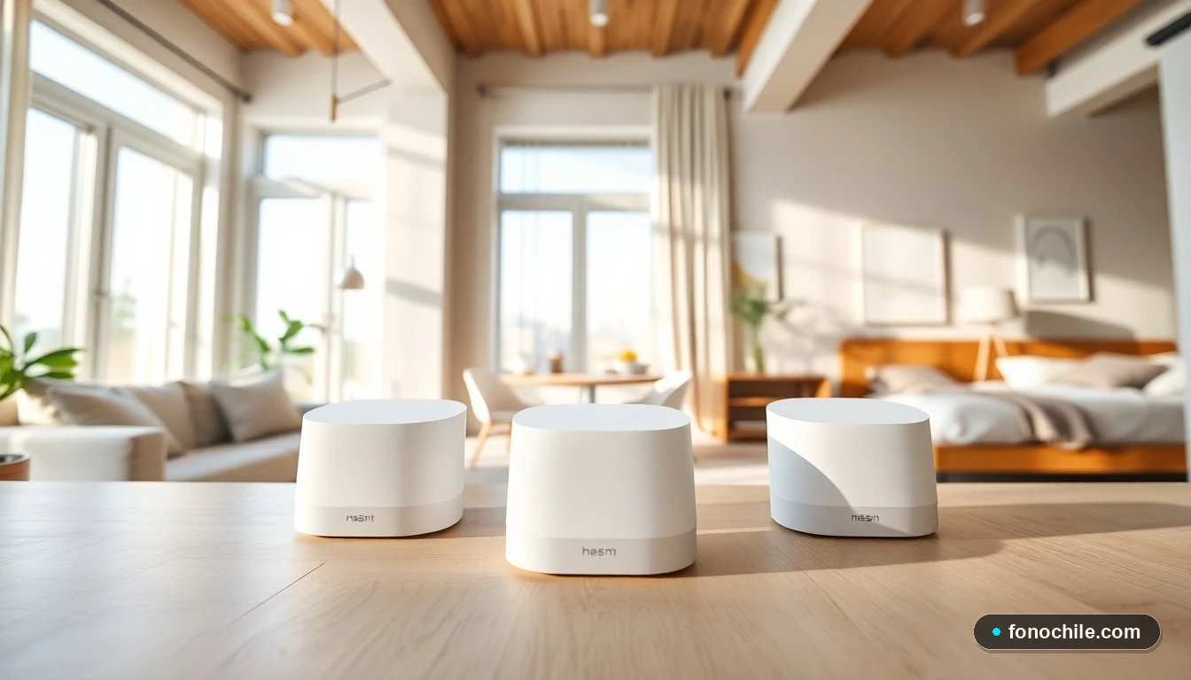 Sistema de malla Wi-Fi moderno instalado en diferentes habitaciones de un apartamento luminoso y decorado con estilo.