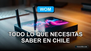 Un router 5G moderno de WOM sobre una mesa de madera, mostrando gráficos abstractos en su pantalla, representando la cobertura y velocidad para 2026.