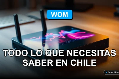 Un router 5G moderno de WOM sobre una mesa de madera, mostrando gráficos abstractos en su pantalla, representando la cobertura y velocidad para 2026.