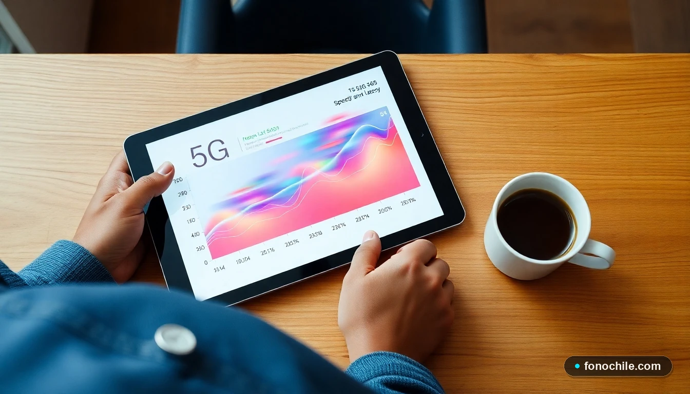 Gráfico abstracto de colores que muestra las métricas de velocidad y latencia de la red 5G en un dispositivo móvil.