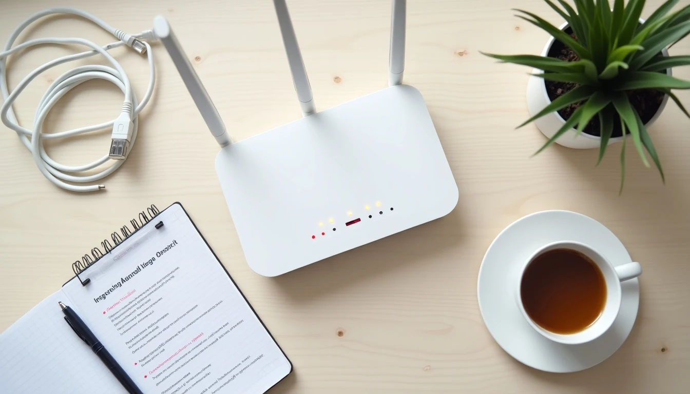 Router moderno con luz roja indicando falla, cable ethernet desconectado y guía de solución en escritorio minimalista.