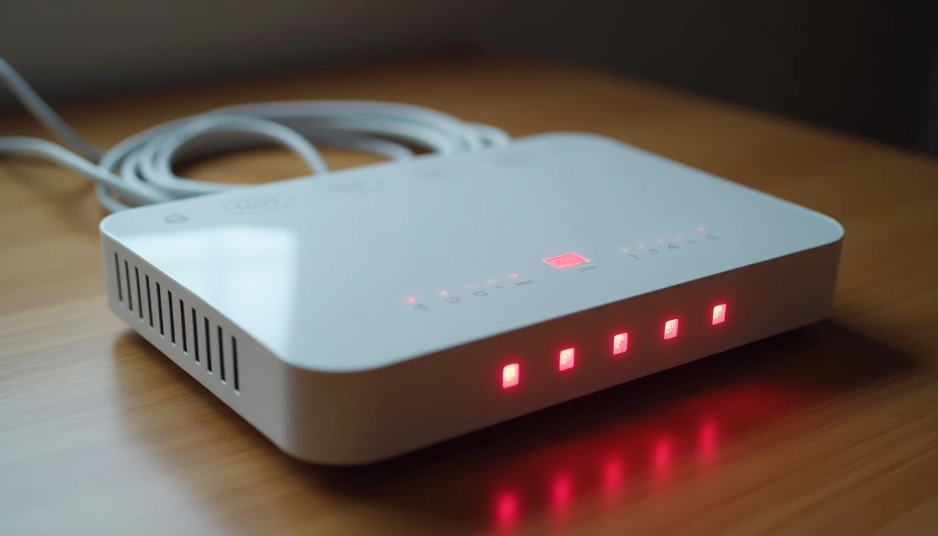 Router Wi-Fi con luces rojas indicando falla de conexión a internet