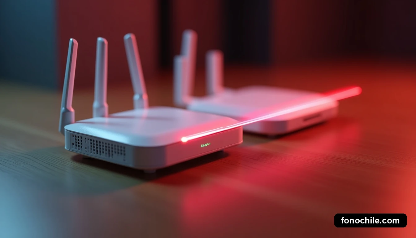 Router y módem blanco moderno en un escritorio, con un haz de luz roja abstracta conectándolos, representando transferencia de datos a 600 Mbps.