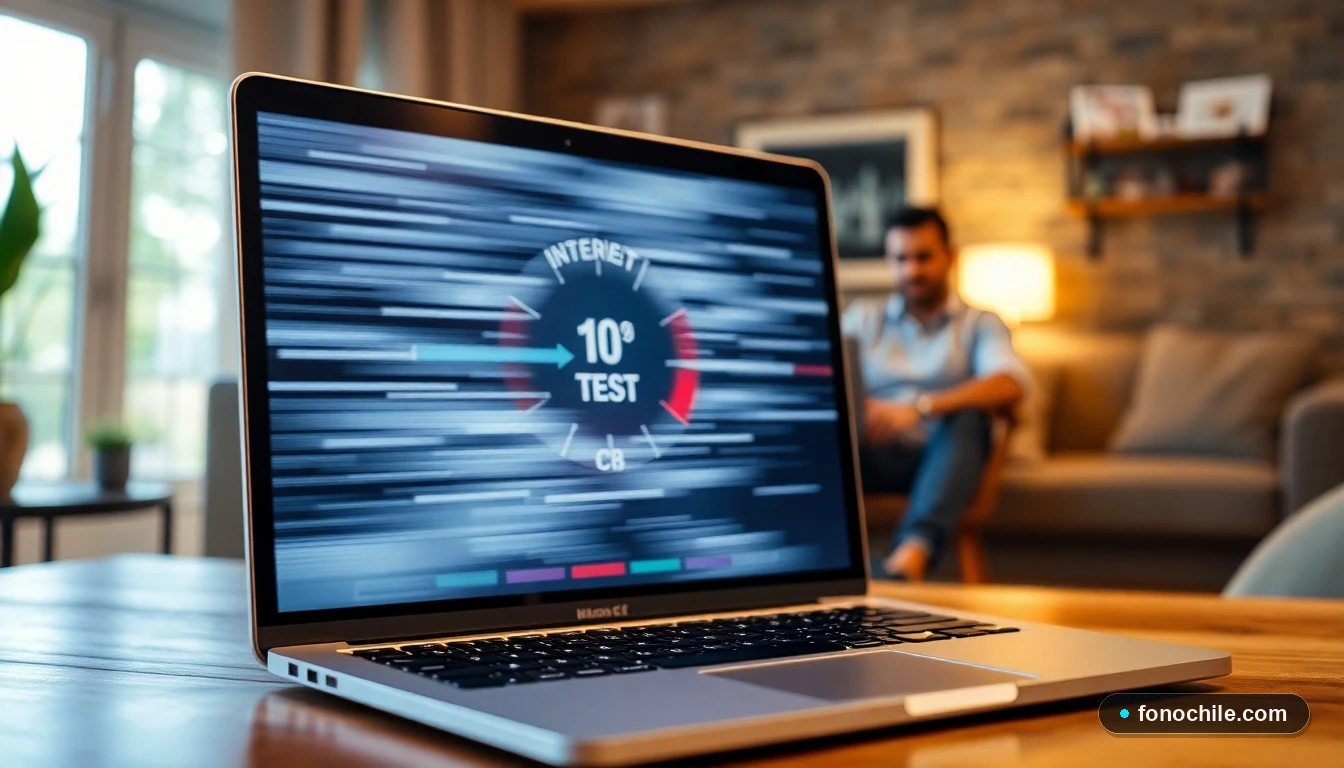 Resultados de un test de velocidad de internet en una laptop, mostrando conexión de fibra óptica rápida y estable.