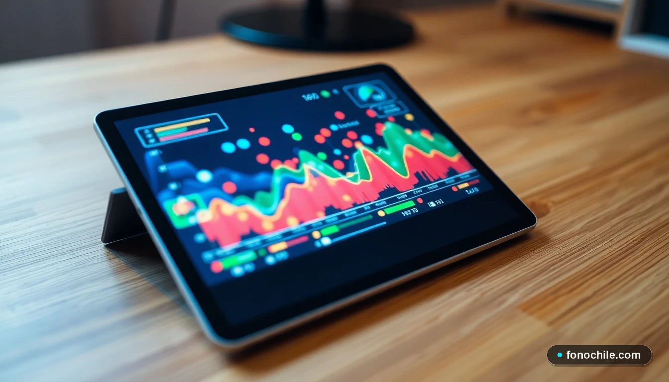 Visualización abstracta de datos de velocidad de internet y conectividad de fibra óptica en una tableta.